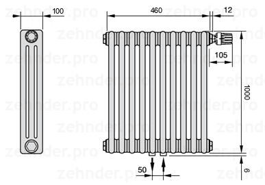 Схема (чертеж) Радиатор Zehnder Charleston 3100/10 №V008 Белый глянцевый RAL 9016
